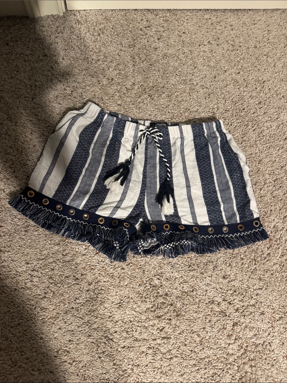 Striped Navy and White Fringe Tie-Waist Women's Shorts